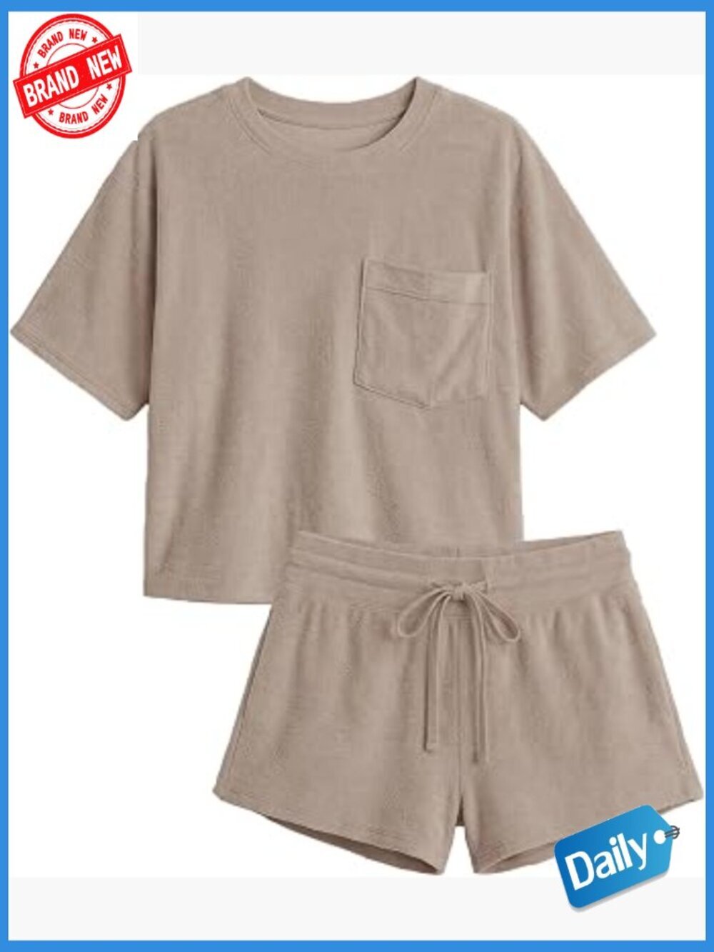 2 Piece Lounge Set Short Sleeve Top Drawstring Shorts Summer